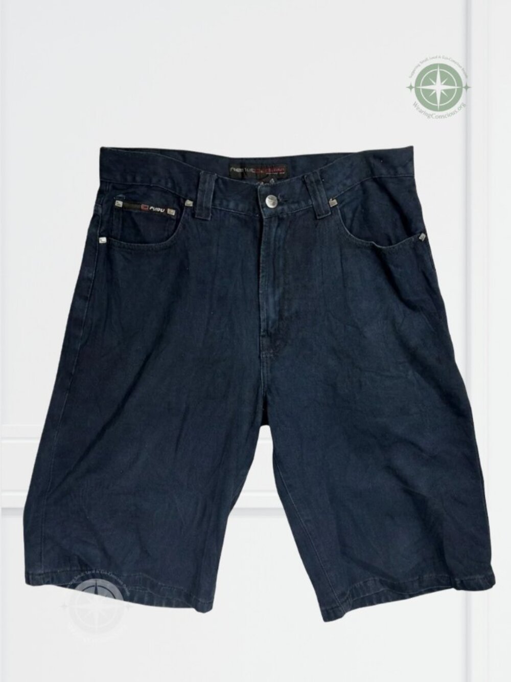 The FUBU Vintage Y2K Embroidered Pocket Dark Wash Denim Shorts